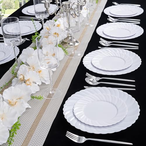 U-QE 60 Count White Plastic Plates - 10.25inch Plastic Disposable Plates for Party - White Dinner Plates Disposable Heavy Duty for Weddings, Parties, Birthdays, Celebrations, Travel and Events - color: 10Inch-60pcs-White