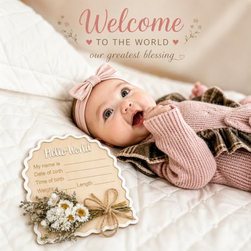 Wonhibo Daisy Newborn Announcement Sign - Baby Hospital Photo Prop Wooden Board Card with Real Pressed Flowers Hello World - color: Daisy Flower