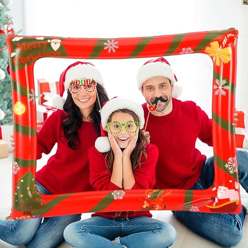 Christmas Photo Booth Props 53 PCS Set - Large Frame 30x25.6 in, Pose Sign Picture Props for Xmas Winter Holiday New Year Party Favors, Selfie Game Decor