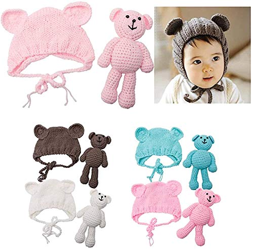 Newborn Baby Photo Shoot Props Boys Girls Crochet Knitted Hat Bear Hat Beanie with Bear Dolls Photography Props - color: Pink