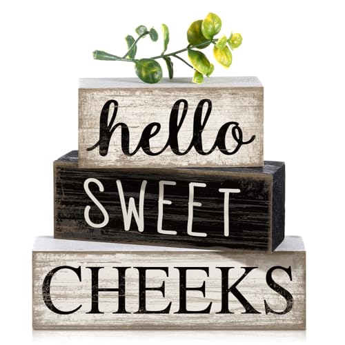 Moucuny 4 Pcs Bathroom Shelf Decor Hello Sweet Cheeks Sign Farmhouse Bathroom Decor and Accessories Rustic Eucalyptus Leaves Wood Block Sign Gift Sweet Home Table Centerpiece for Home Office - style: Eucalyptus Leaves