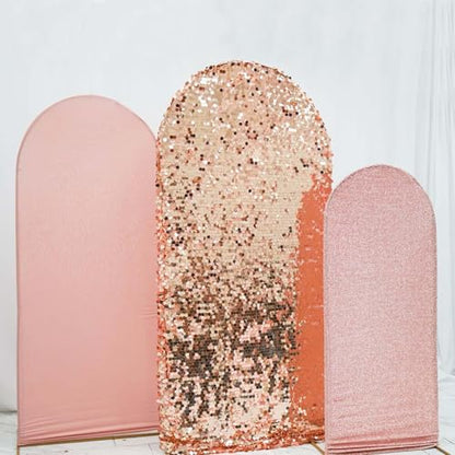 Efavormart Set of 3 Blush Rose Gold Chiara Arch Backdrop Covers (7ft/6ft/5ft), Round Top Snug Fit, Double-Sided Big Sequin, Tinsel & Spandex Mixed Texture for Wedding, Baby Shower, Events - color: Blue/Rose Gold