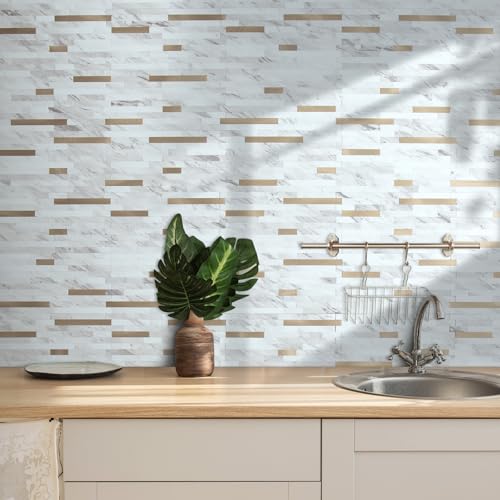 AULIGET 2 Sheets Faux Stone White Marble Peel and Stick Backsplash, PVC Mixed Metal Champagne Gold Wall Tile Stick on Backsplash for Kitchen and Bathroom - color: Marble White + Champagne Gold, size: 2 Sheets, 6"x12"x0.12"