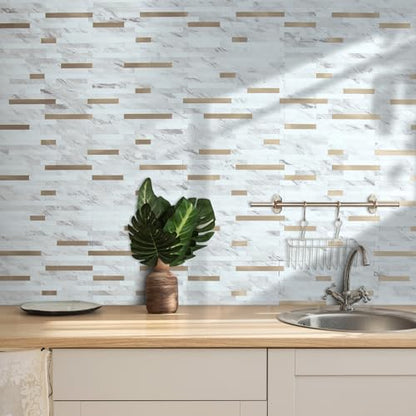 AULIGET 2 Sheets Faux Stone White Marble Peel and Stick Backsplash, PVC Mixed Metal Champagne Gold Wall Tile Stick on Backsplash for Kitchen and Bathroom - color: Marble White + Champagne Gold, size: 2 Sheets, 6"x12"x0.12"