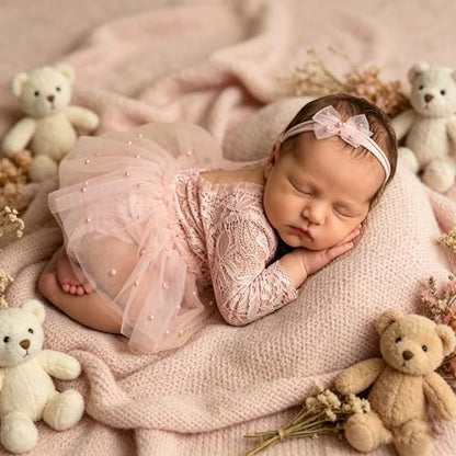 Newborn Lace Romper, 2 PCS Baby Girl Photography Props, Newborn Girl Photography Outfits with Flower Headband for Infants - color: Pink Long Sleeve