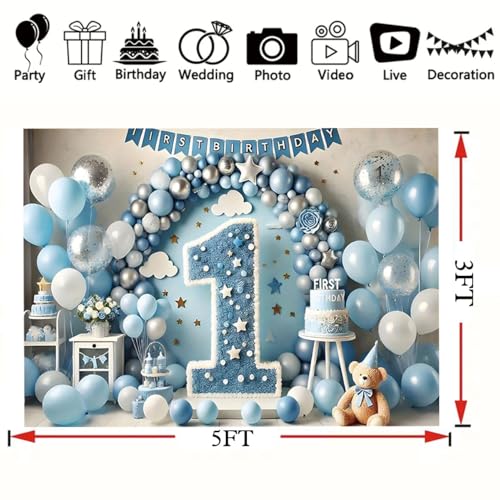 1st Happy Birthday Backdrop Blue Balloons Clouds Large Number 1 Text Design Newborn Boy Girl Birthday Party Decoration One Year Old Kids Cake Smash Decoration Studio Photo Props (A, 5X3FT) - color: A, size: 5X3FT