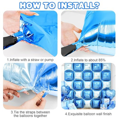 Blue Square Foil Balloon Wall,25Pcs Double Sided Balloons Backdrop Helium Polyester Film Balloon Tunnel Arch Garland Kit for Birthday Bridal Anniversary Baby Shower Party Decorations - style: Blue