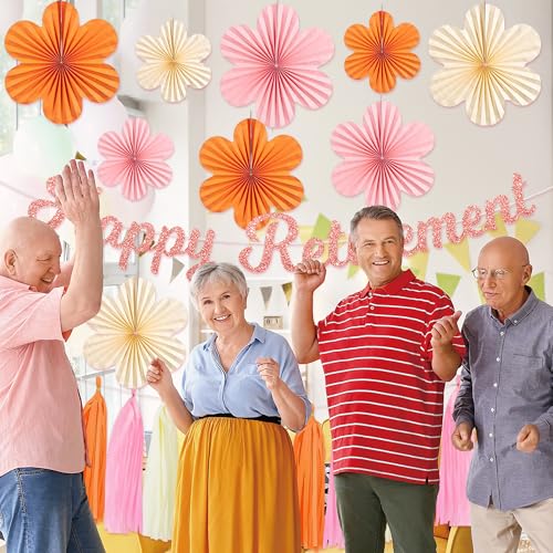 Roetyce Retirement Party Decorations Women, Pink Orange Happy Retirement Banner Paper Fan Tassel, Flower Themed Office Retired Party Supplies for Coworker, Funny Legend Has Retired Photo Backdrop
