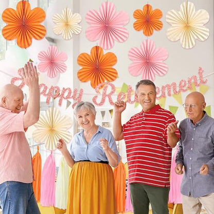 Roetyce Retirement Party Decorations Women, Pink Orange Happy Retirement Banner Paper Fan Tassel, Flower Themed Office Retired Party Supplies for Coworker, Funny Legend Has Retired Photo Backdrop