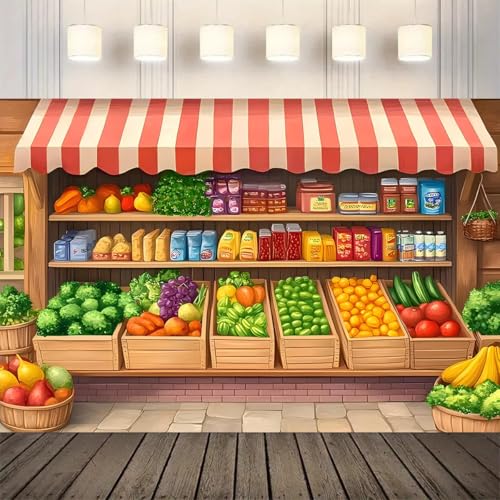 Cartoon Grocery Store Shop Backdrop Vintage Style with Fruit and Vegetables Crates Background for Party Decorations Children Birthday Cake Smashing Portrait Backgrounds (A, 8 * 6feet) - color: A, size: 8*6feet