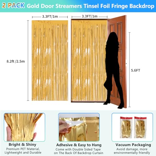 2 Pack 3.3x8.2 FT Gold Backdrop Birthday Decorations Foil Tinsel Curtain Gold Dooor Streamers Party Hanging Decorations Photo Booth Props for Birthday Graduation Bachelorette Christmas New Years Eve - color: Gold