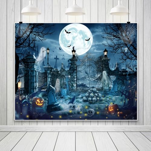 Halloween Backdrop for Photography 10x8ft Scary Cemetery Ghost Skull Full Moon Night Halloween Photo Backdrop Spooky Pumpkin Bat Photography Background Party Decor Kid Adult Portrait Photo Booth Prop