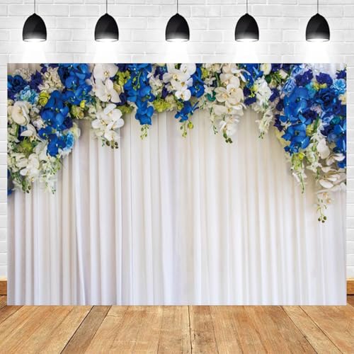6x4ft White Wedding Backdrop White Blue Floral Flowers Photography Background Bride Groom Ceremony Party Bridal Shower Banner Decorations Engagement Proposal Portrait Photo Booth Prop - color: color 2, size: 6x4ft