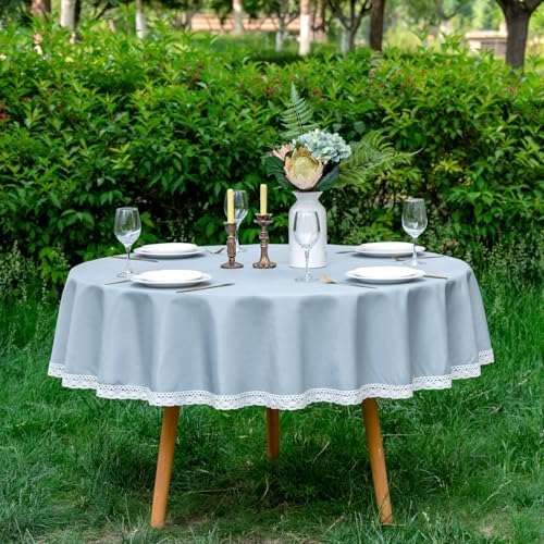 EHouseHome Faux Linen Tablecloth with Lace Trim - Waterproof/Spill Proof/Stain Resistant/Wrinkle Free/Oil Proof - for Banquet, Parties, Dinner,Wedding,Holiday,Blue Fog,Round 60Inch - color: Blue Fog, size: 60" (Round)