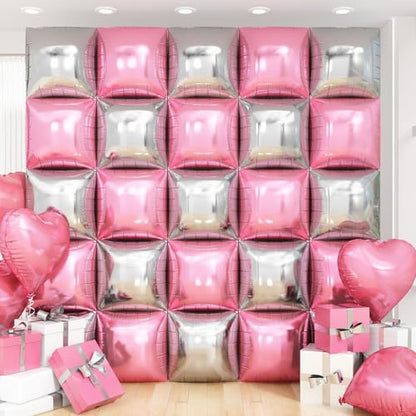 Pink Silver Square Foil Balloon Wall,25Pcs Double Sided Balloons Backdrop Helium Balloon Tunnel Arch Garland Kit for Christmas Birthday Bridal Anniversary Baby Shower Party Decorations - style: Pink Silver