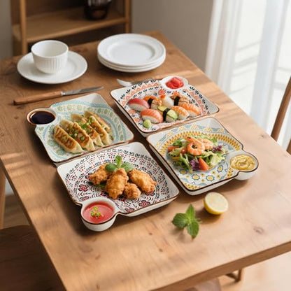 Pumtus 4 Pack Ceramic Dumpling Plates with Dipping Saucer, 7.3'' Individual Chip and Dip Serving Platter, Square Japanese Sushi Dish Tray, Colorful Serving Bowl for Appetizer Snack Fries Gyoza Taco