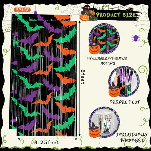 2 Packs Bat Foil Fringe Curtains - Purple Orange Green Halloween Door Streamers for Photo Backdrop, 3.3 x 6.6 ft Tinsel Curtains for Beetlejuice, Monster or Neon Glow Party Decorations - color: Purple, Green, Orange