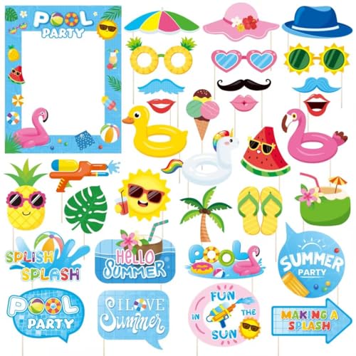 33Pcs Pool Party Photo Booth Props with Blue Frame, Summer Photo Booth Props for Hello Summer Pool Party Decorations, Hello Summer Beach Party Decorations