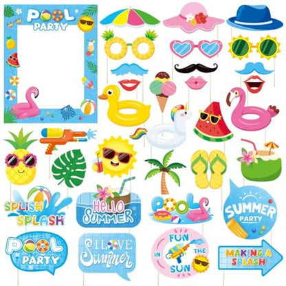 33Pcs Pool Party Photo Booth Props with Blue Frame, Summer Photo Booth Props for Hello Summer Pool Party Decorations, Hello Summer Beach Party Decorations