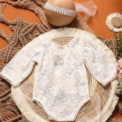 Newborn Photography Props - Lace Romper with Headband for Infant Photo Shoot - Girls Photoshoot Outfit (White) - color: White