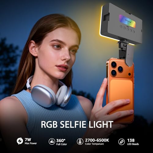 NiceVeedi RGB Selfie Light, 138 LED Beads Phone Light, 360° Full Color Camera Light with Clip and Cold Shoe, CRI95+/180 Minutes Rechargeable Video Light for Video Recording/iPhone/TikTok/Makeup/Zoom