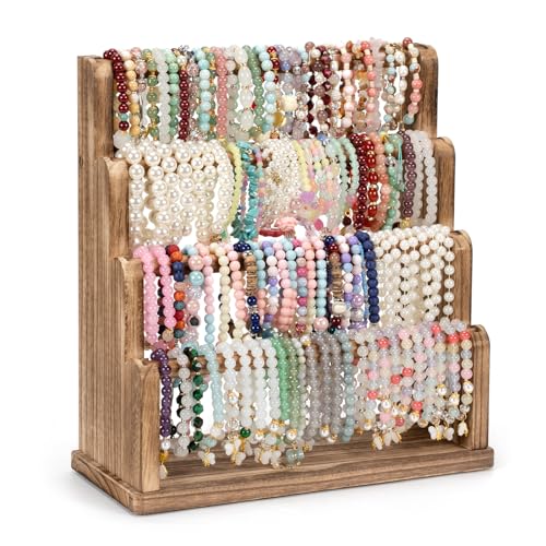 Emfogo Bracelet Holder, 4 Tier Bracelet Organizer Storage for Bracelets Bangles Watch Scrunchies, Rustic Wood Jewelry Organizer Display for Home, Vendors, Craft Shows and Store(Rustic Brown) - color: Rustic Brown