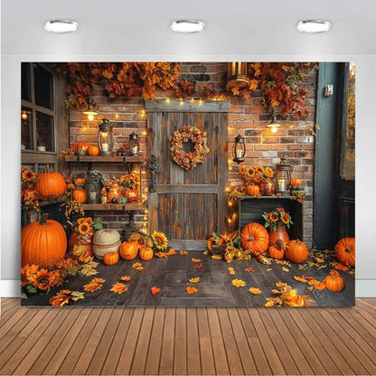 Mocsicka Fall Thanksgiving Photography Backdrop Autumn Pumpkin Harvest Barn Background Fall Maple Leaves Rustic Wooden Garland Pumpkin Party Banner Decorations Photoshoot Studio (10x7ft) - size: 10x7ft