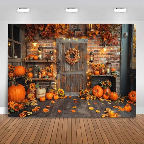 Mocsicka Fall Thanksgiving Photography Backdrop Autumn Pumpkin Harvest Barn Background Fall Maple Leaves Rustic Wooden Garland Pumpkin Party Banner Decorations Photoshoot Studio (10x7ft) - size: 10x7ft