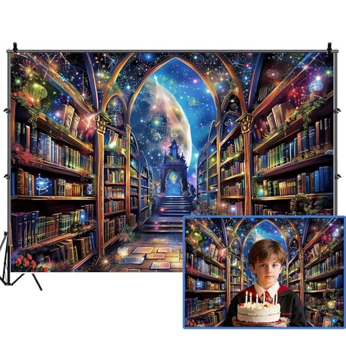 Magic Library Fantasy Space Backdrops for Photoshoot, Vintage Bookshelf Birthday Party Decorations Wall Backdrop for Men Boys Photography Decor Banner, Photographic Studio Photo Backgrounds 6X4 FT - color: Blue, size: 6X4FT