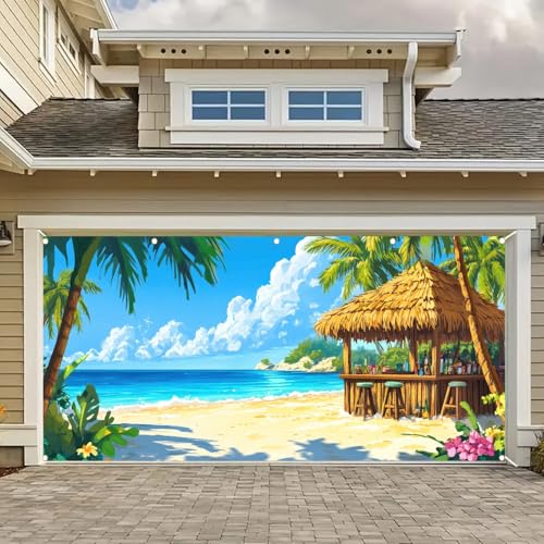 BlissYard 13x6ft Summer Garage Door Banner Hawaiian Summer Beach Backdrop Tropical Beach Scenery Blue Sky Garage Door Cover Decoration for Pool Party Indoor Outdoor House Wall Background Decor - color: Garage Banner#4