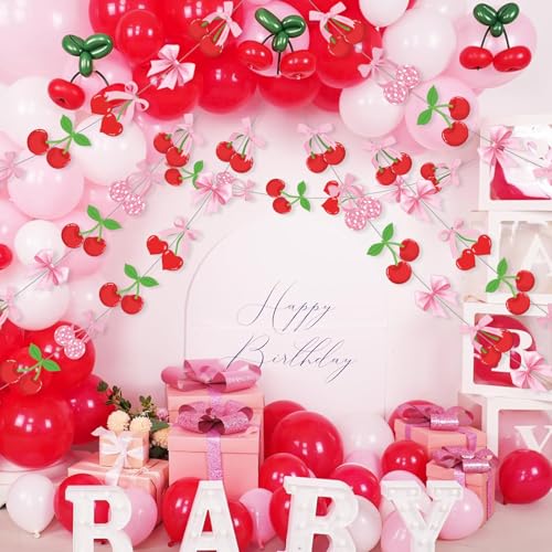 Xinnun Cherry Party Decorations Pink Bow Hanging Banners Garland Cherry Baby Shower Decorations Cutouts Ribbon Streamers for Berry Birthday Bridal Engagement Bachelorette Wedding Party Decor - style: Cherry