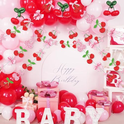 Xinnun Cherry Party Decorations Pink Bow Hanging Banners Garland Cherry Baby Shower Decorations Cutouts Ribbon Streamers for Berry Birthday Bridal Engagement Bachelorette Wedding Party Decor - style: Cherry