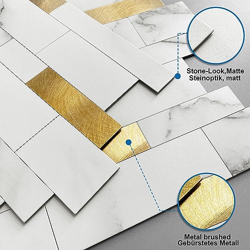 Backsplash Tile for Kitchen Peel and Stick Stone Matte Finish,Bathroom Tiles Stickers 3D Wall Panel Linear Mosaic Marble Backsplash Waterproof(10sheets,White Gold) - color: White Gold, size: 10sheets