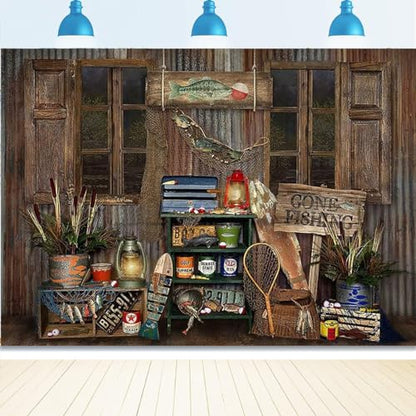 Rustic Wood Gone Fishing Photography Backdrop Gone Fishing Boy Girl Birthday Party Decoration Background Brown Wood Board Child Portrait Backdrop Baby Shower Dessert Cake Table Banner (6X4FT) - size: 6X4FT