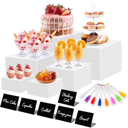 Draupnir 6 Pcs Food Risers for Display Party Included Mini Sign and Makers, 5 Sizes Hollow Acrylic Buffet Risers with Bottoms, White Catering Dessert Jewelry Collectibles Boxes(4",4",5",6",7",8")