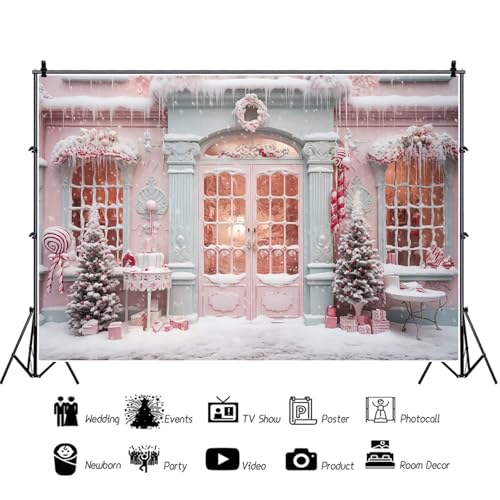 10x8ft Pink Christmas Backdrop Snow Scene Xmas Trees Candy Cane Photography Background Merry Christmas Party Banner Decorations Women Girls Portraits Photo Studio Props - size: 10x8ft