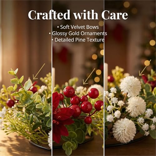 MOYEE Candle Holder Centerpieces for Tables,Candle Ring,Wreaths, Black Metal Candle Stick Paired Artificial Flowers 14 in Versatile Dining Table Centrepiece - color: White Ball Wreath