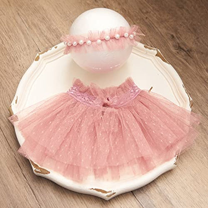 Newborn Baby Photography Props Outfits Girl Lace-Tulle Skirt Baby Girls Photo Prop Headdress for Newborn Girl Photoshoot - color: Dusty Pink