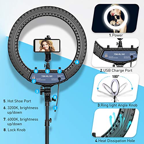 Yesker Ring Light 18 Inch with Stand Tripod Big Selfie Ringlight Adjustable 6000K Dimmable LED Portable Professional Ring Lights Kit Phone Holder for Camera Live Streaming Makeup YouTube Video TikTok - size: 18 in Led Ring Light