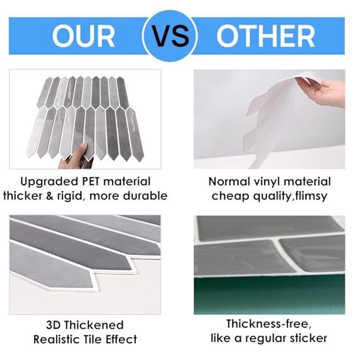 10-Sheet Peel and Stick Backsplash Tile, Self-Adhesive Gray Long Hexagon Wall Tiles, Stick on Backsplash for Kitchen, Bathroom, Fireplace, RV, Thicker Design(12"×12"). - color: Gray
