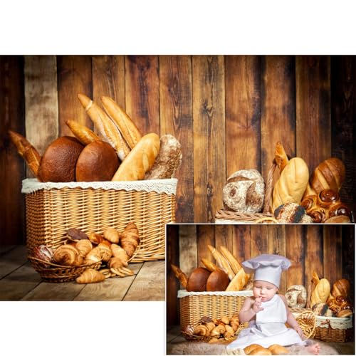 YongFoto Bakery Baking Backdrop 6x4ft Bread Basket Vintage Wood Wall Photography Background Baby Shower Birthday Party Banner Baby Baker Portrait Photoshoot Wallpaper Photo Studio Booth Props - color: Style 1, size: 6ftx4ft