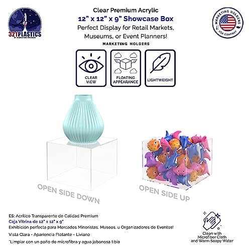 2 Pack Acrylic Display Riser Box with One Open Side Versatile 12" x 12" x 9" No LId Clear Dust Cover Retail Product Riser or Merchandise Storage Bin by Marketing Holders - size: 12"w x 9"h