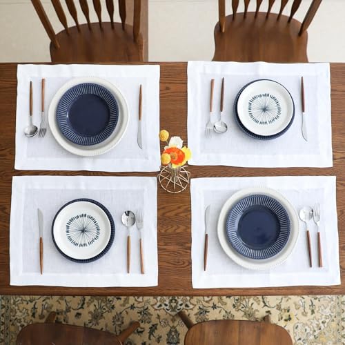 Simple&Opulence Linen Placemats Set of 4 – Hemstitched Dinner Cloth Placemats for Wedding,Party,Mothers Day,Easter – Machine Washable and Reusable 14"×19" White - color: White, size: placemat(14"×19”)