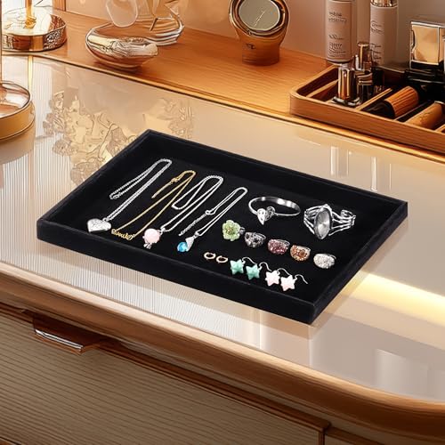 13.8" x 9.5" Velvet Jewelry Tray Jewelry Display Tray, Stackable Empty Plate Trays for Earrings Necklaces Bracelet Rings Display Showcase - Black - color: Black, size: Flat Tray 13.8"x9.5"
