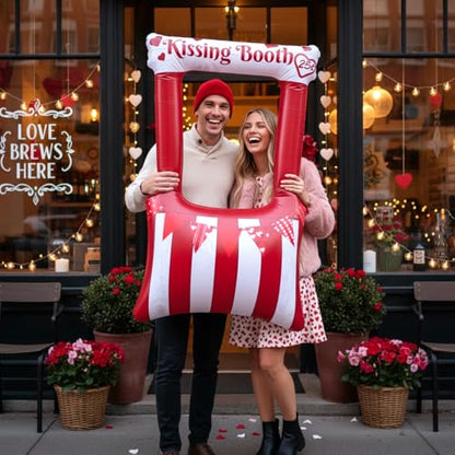 Colingmill 55 Inch Valentines Day Kissing Booth Photo Frame Inflatable Balloon Decorations Valentines Inflatables Outdoor Decorations Photo Backdrop Booth Selfie Frame Background for Party Supplies - style: Kissing Booth