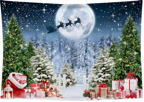 10x8 FT Christmas Scene Backdrop Xmas Tree Winter Forest Scene Wonderland North Pole Night Background Starry Sky Moon Reindeer Santa Claus Christmas Decorations Family Photo Shoot Booth Props - size: 10x8 FT