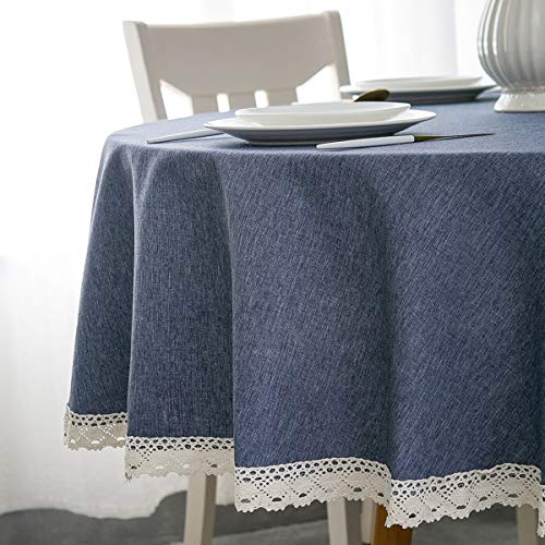 EHouseHome Faux Linen Tablecloth with Lace Trim - Waterproof/Spill Proof/Stain Resistant/Wrinkle Free/Oil Proof - for Banquet, Parties, Dinner,Wedding,Holiday,Denim Blue Round 70Inch - color: Denim Blue, size: 70" (Round)