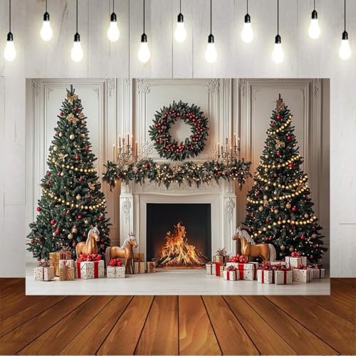 Mocsicka Christmas Fireplace Backdrop Classic Christmas Interior Room Photography Background Winter Family Holiday Home Xmas Tree Party Decorations Photo Booth Props (7x5ft (82x60 inch))