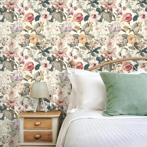 Jeweluck Floral Wallpaper Peel and Stick Vintage Floral Contact Paper Peel and Stick 16.9”x590.5” Poppy Flower Wallpaper Boho Leaf Removable Self Adhesive Wall Paper for Cabinets Bedroom Decorative - color: A Floral, size: 16.9inch×590.5inch
