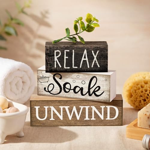 Moucuny 4 Pcs Bathroom Shelf Decor Sign Farmhouse Bathroom Decor and Accessories Rustic Eucalyptus Leaves Wood Block Sign Gift Relax Soak Unwind Farmhouse Table Centerpiece for Home Toilet - style: Bathroom Leaves